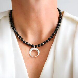Blue Tiger's Eye Crescent Moon Choker Necklace